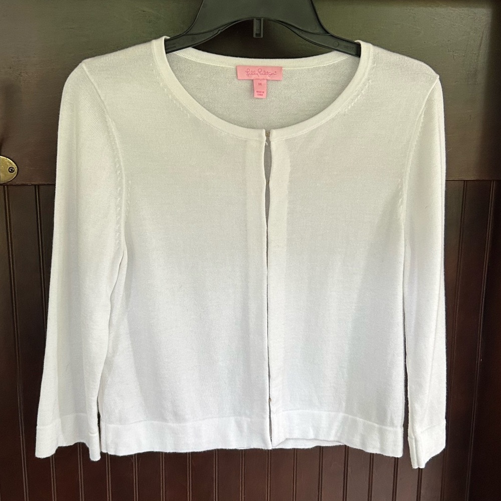 LILLY PULITZER Knit Cropped 3/4 Sleeve Cardigan Preppy Old Money Parisian Size M - Picture 5 of 13